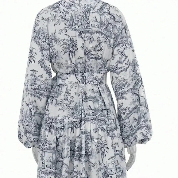 Grey Boho Women's & Elegant Random Print Long Sleeve Tie Waist Loose Dress - Picture 5 of 5